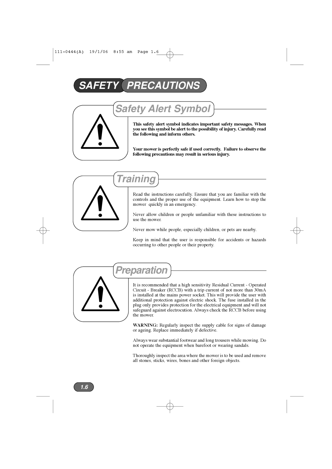 Hayter Mowers 100D manual Safety Precautions, Safety Alert Symbol, Training, Preparation 