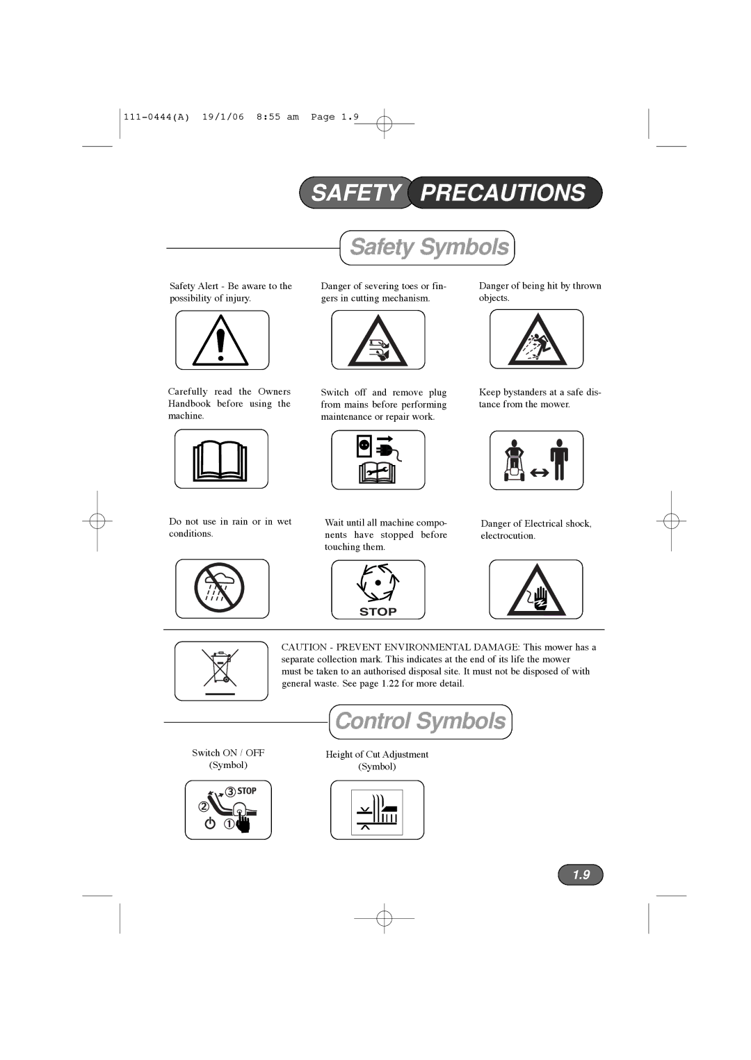 Hayter Mowers 100D manual Safety Symbols, Control Symbols 