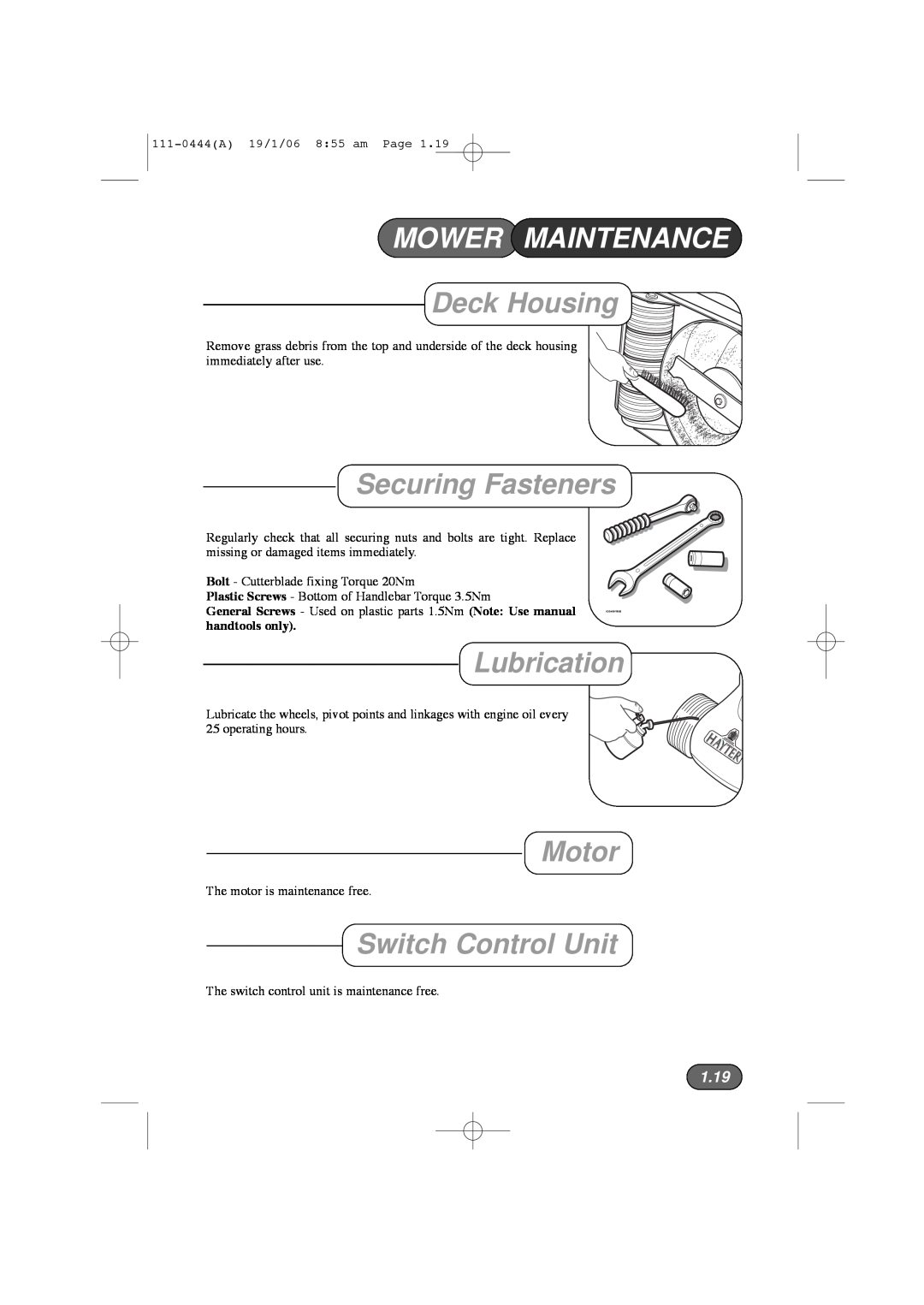 Hayter Mowers 100D Mower Maintenance, Deck Housing, Securing Fasteners, Lubrication, Motor, Switch Control Unit, 1.19 