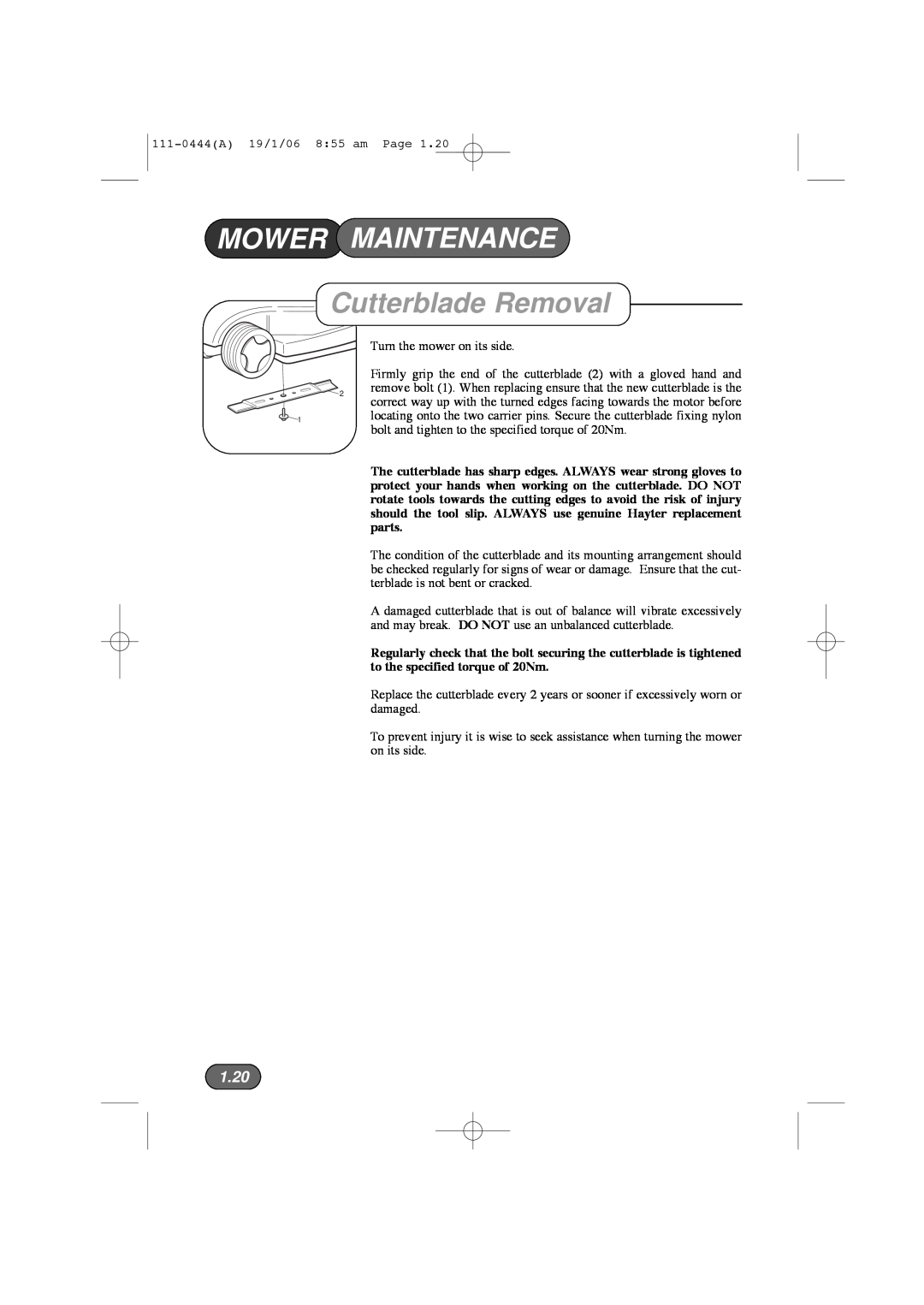 Hayter Mowers 100D manual Cutterblade Removal, 1.20, Mower Maintenance 