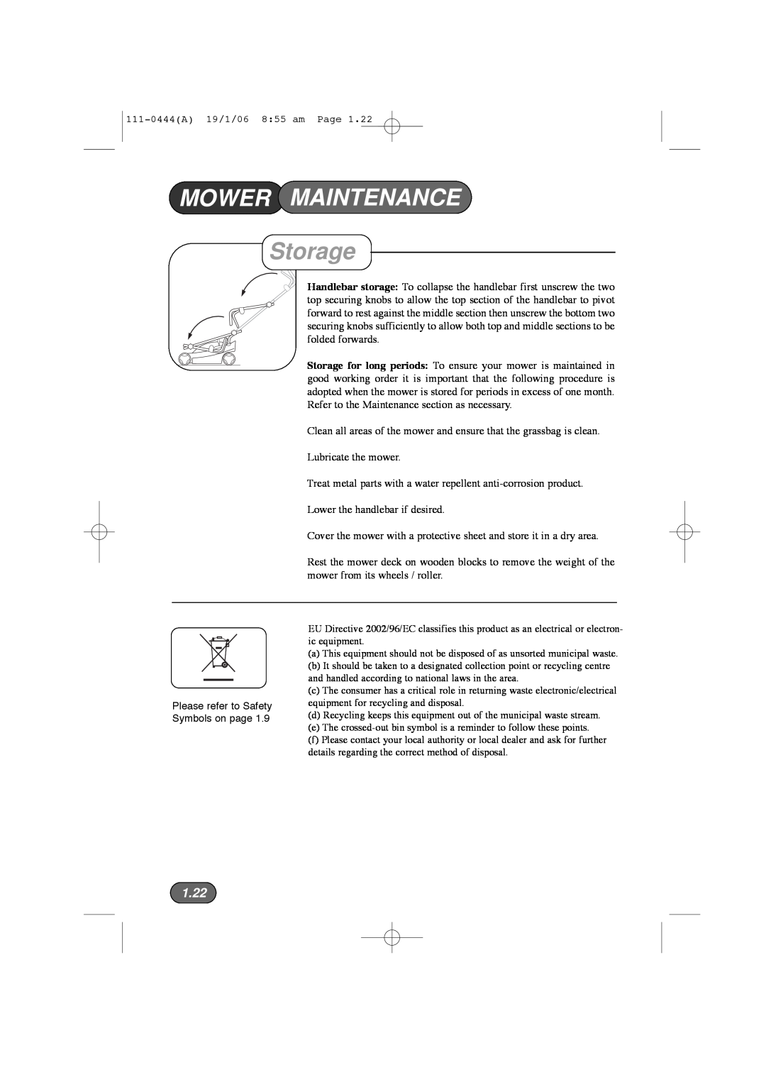 Hayter Mowers 100D manual Mower, Maintenance, Storage, 1.22 