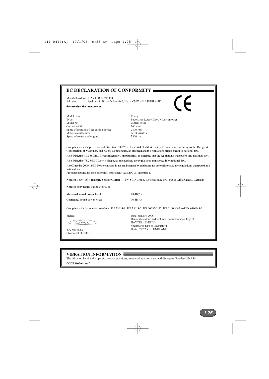 Hayter Mowers 100D manual 1.25, Vibration Information, Ec Declaration Of Conformity, 111-0444A 19/1/06 855 am Page 