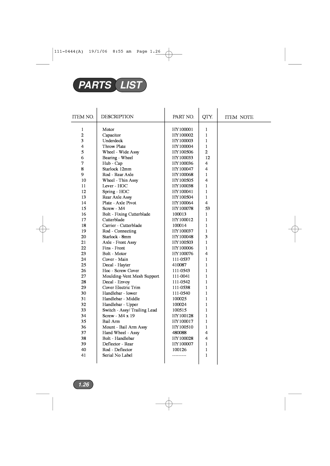 Hayter Mowers 100D manual Parts List, 1.26, Description, Item Note 