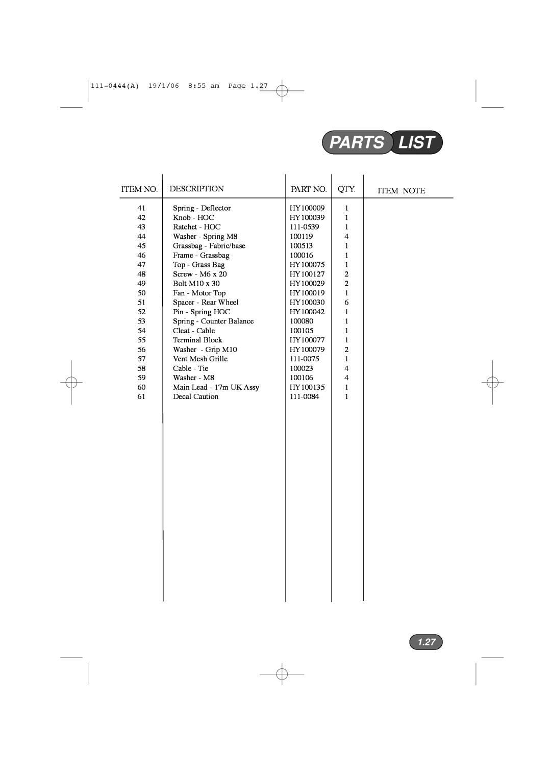 Hayter Mowers 100D manual 1.27, Parts List, Description, Item Note 