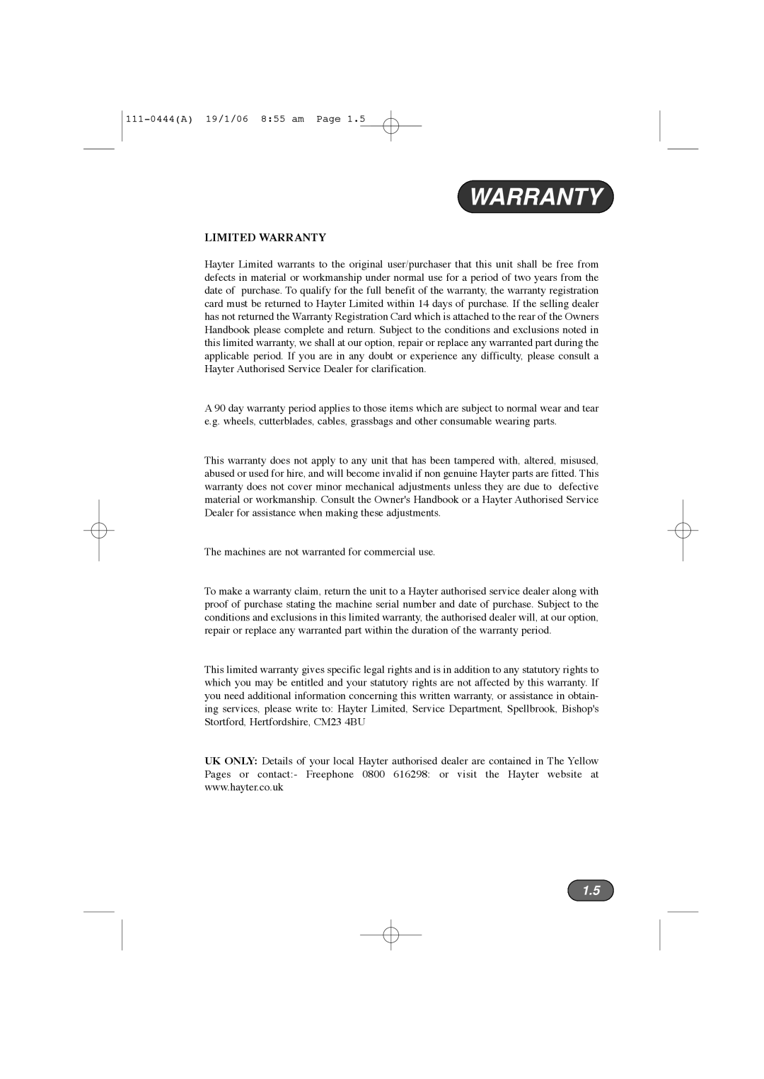 Hayter Mowers 100D manual Limited Warranty 