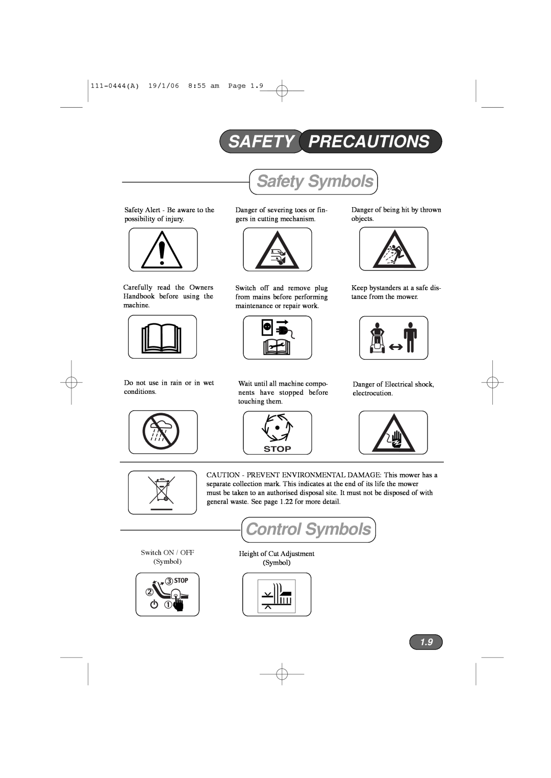 Hayter Mowers 100D manual Safety Symbols, Control Symbols, Safety Precautions, Stop 