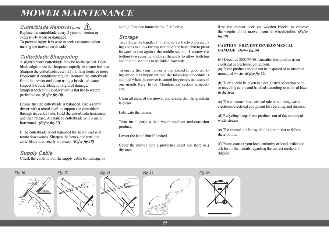 Hayter Mowers 100E manual Mower Maintenance, Cutterblade Sharpening, Storage 