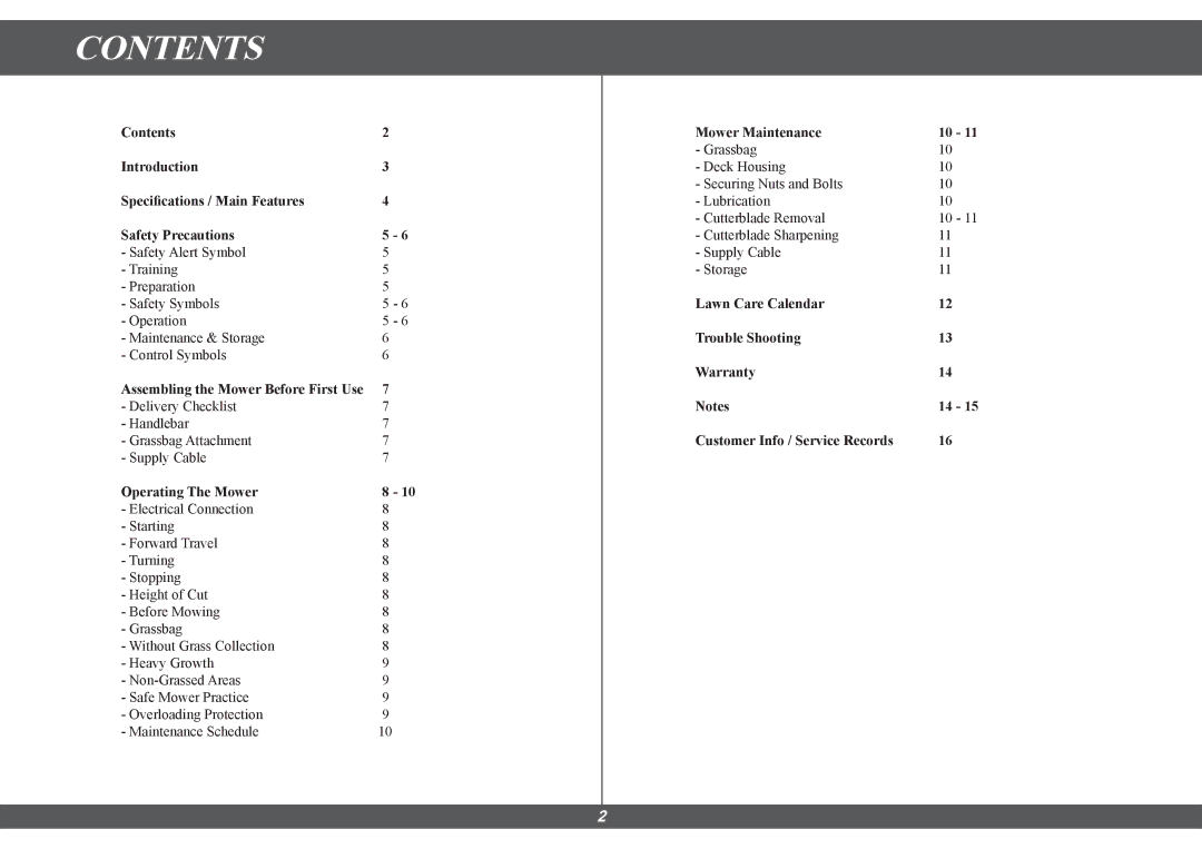 Hayter Mowers 100E manual Contents 