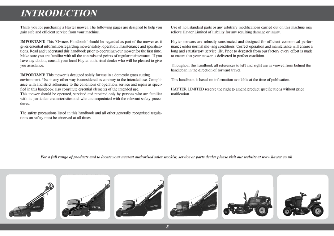 Hayter Mowers 100E manual Introduction 