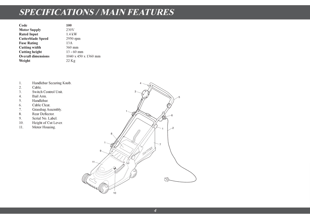 Hayter Mowers 100E manual Specifications / Main Features 