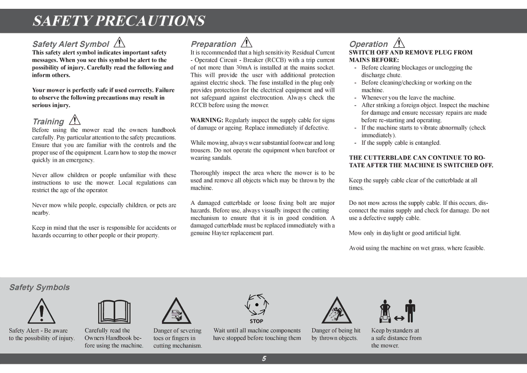 Hayter Mowers 100E manual Safety Precautions 