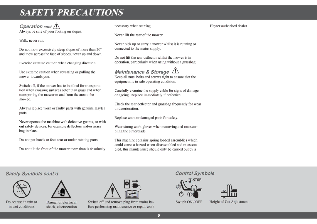 Hayter Mowers 100E manual Maintenance & Storage, Safety Symbols cont’d Control Symbols 