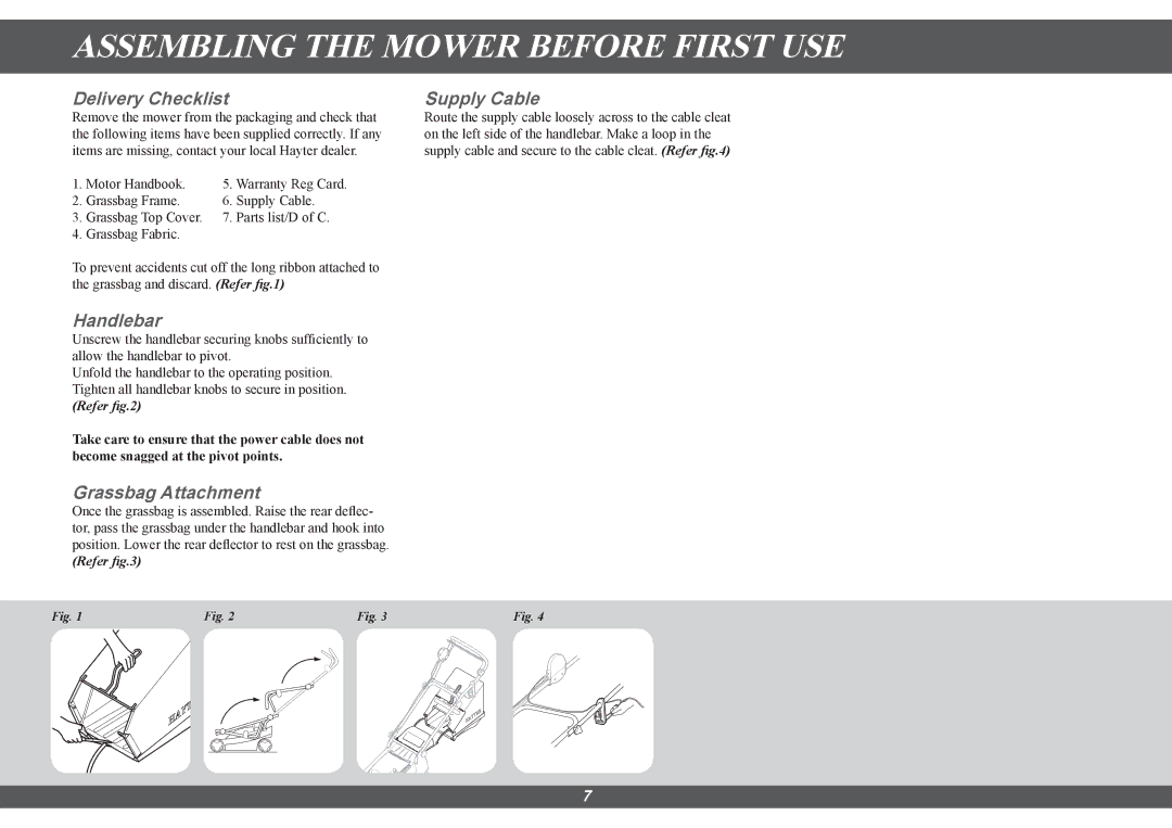 Hayter Mowers 100E Assembling the Mower Before First USE, Delivery Checklist, Handlebar, Grassbag Attachment, Supply Cable 