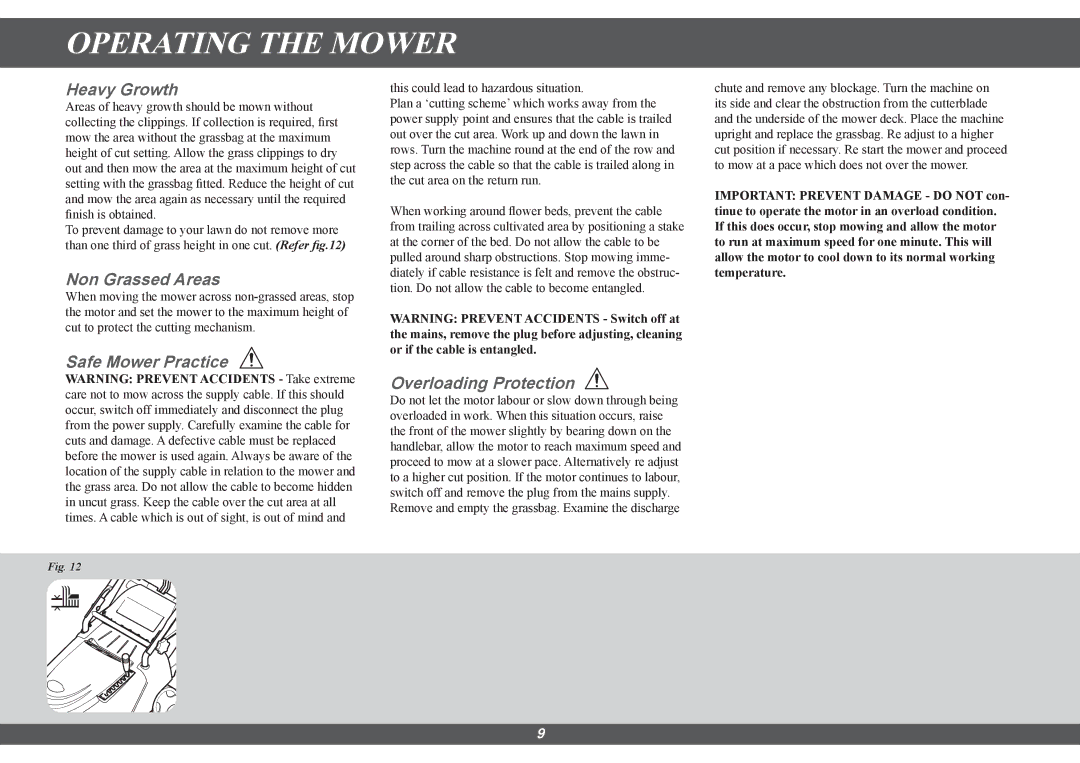 Hayter Mowers 100E manual Heavy Growth, Non Grassed Areas, Safe Mower Practice, Overloading Protection 