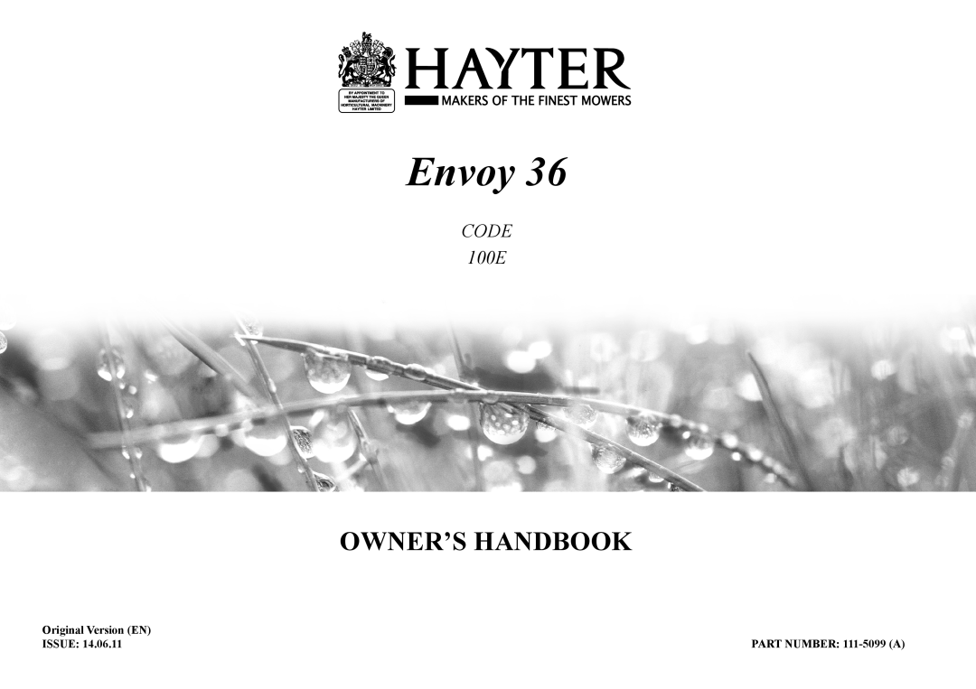 Hayter Mowers manual Envoy, Owner’S Handbook, CODE 100E 