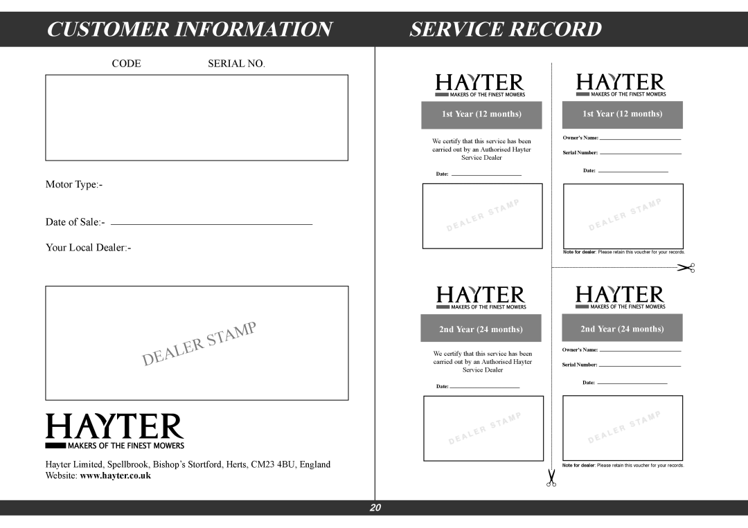 Hayter Mowers 100E Customer Information, Service Record, 1st Year 12 months, 2nd Year 24 months, Code, Serial No, 1620 