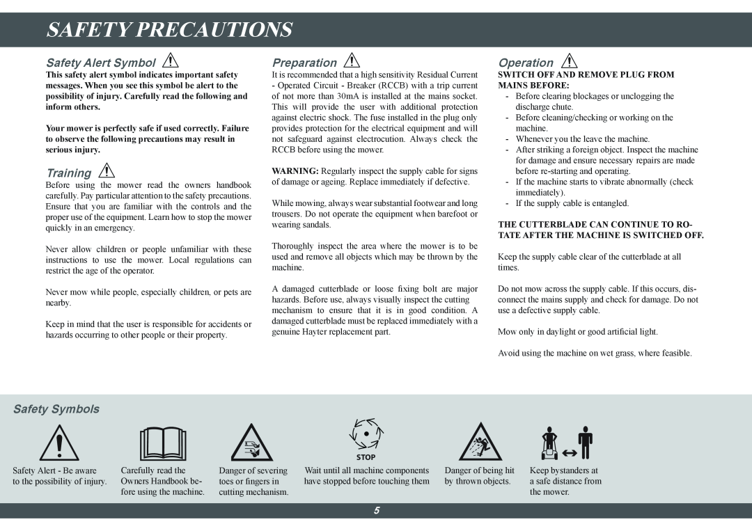 Hayter Mowers 100E manual Safety Precautions, Safety Alert Symbol, Training, Preparation, Operation, Safety Symbols 