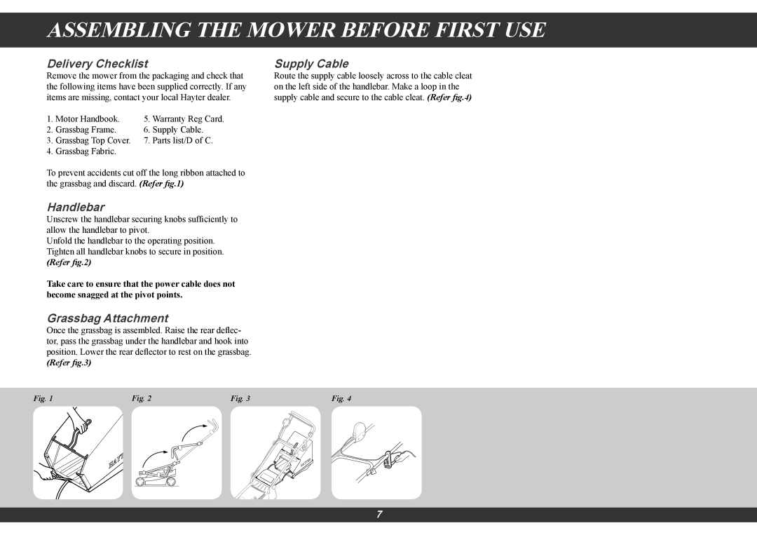 Hayter Mowers 100E Assembling The Mower Before First Use, Delivery Checklist, Handlebar, Grassbag Attachment, Supply Cable 