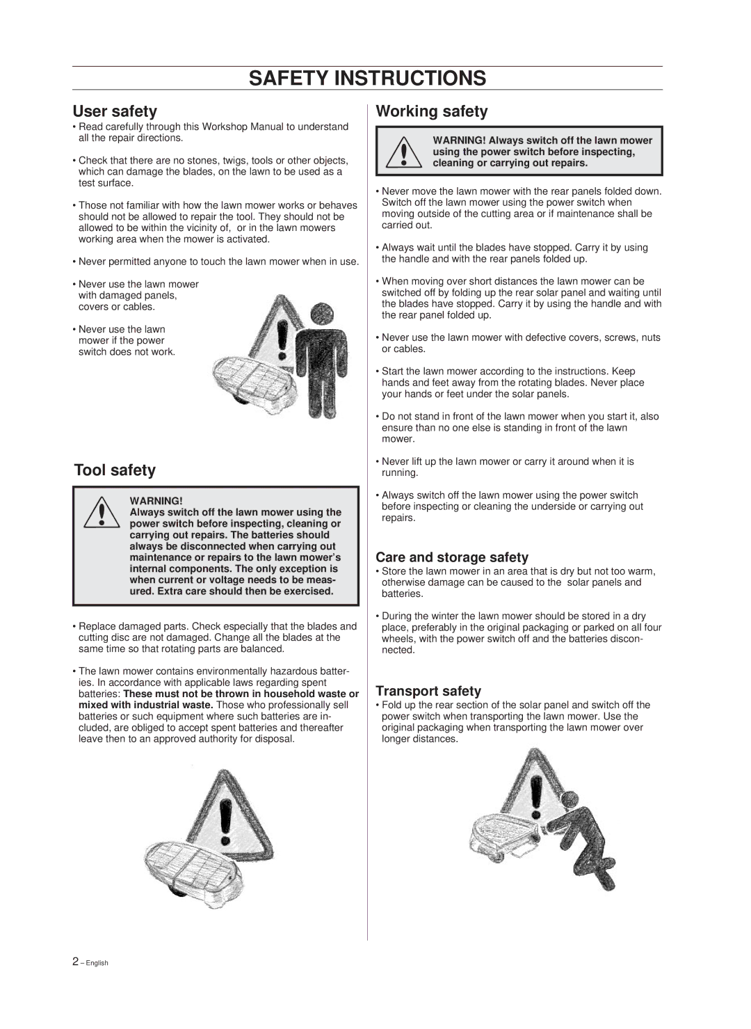 Hayter Mowers 101 88 90-26 manual Safety Instructions, User safety, Tool safety, Working safety 