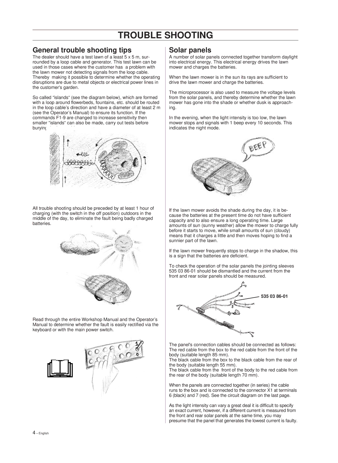 Hayter Mowers 101 88 90-26 manual Trouble Shooting, General trouble shooting tips, Solar panels, 535 03 