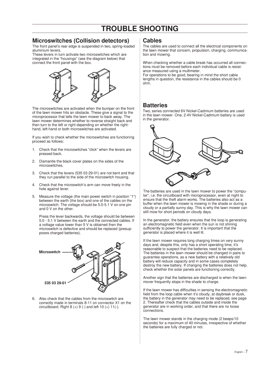 Hayter Mowers 101 88 90-26 manual Microswitches Collision detectors, Cables, Batteries, Microswitch 535 03 