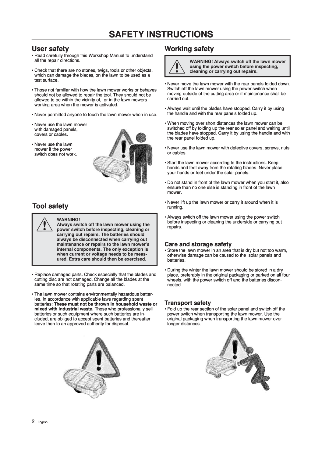 Hayter Mowers 101 88 90-26 manual Safety Instructions, User safety, Tool safety, Working safety, Care and storage safety 