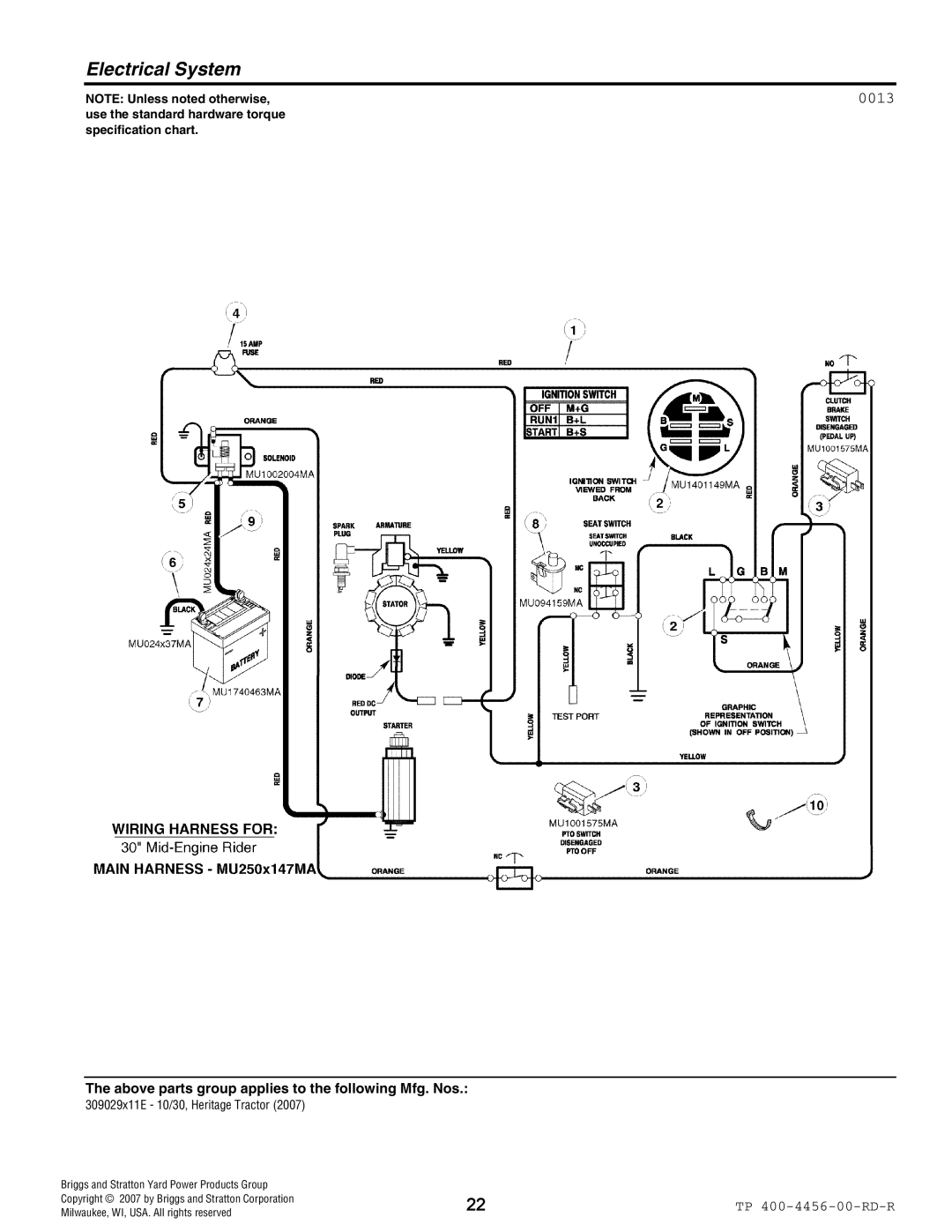 Hayter Mowers 10/30 manual Electrical System, 0013 