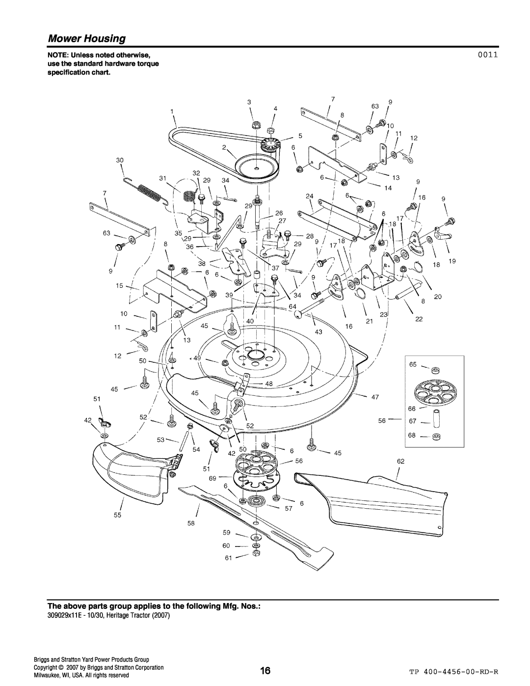 Hayter Mowers 10/30 manual Mower Housing, 0011, TP 400-4456-00-RD-R, NOTE: Unless noted otherwise 