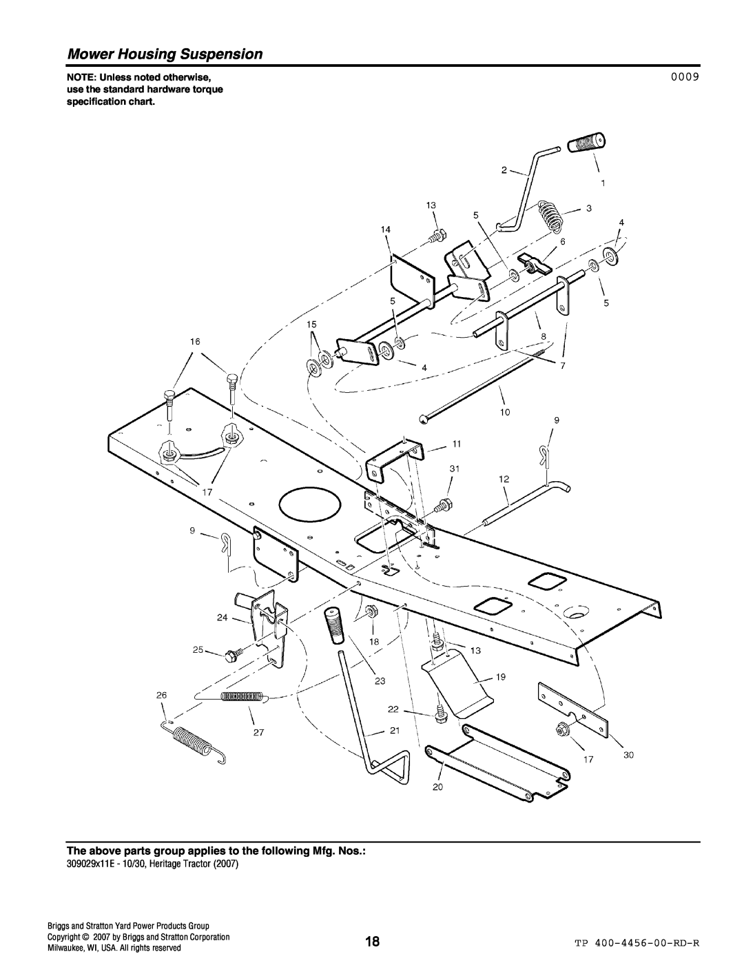 Hayter Mowers 10/30 manual Mower Housing Suspension, 0009, TP 400-4456-00-RD-R, NOTE: Unless noted otherwise 