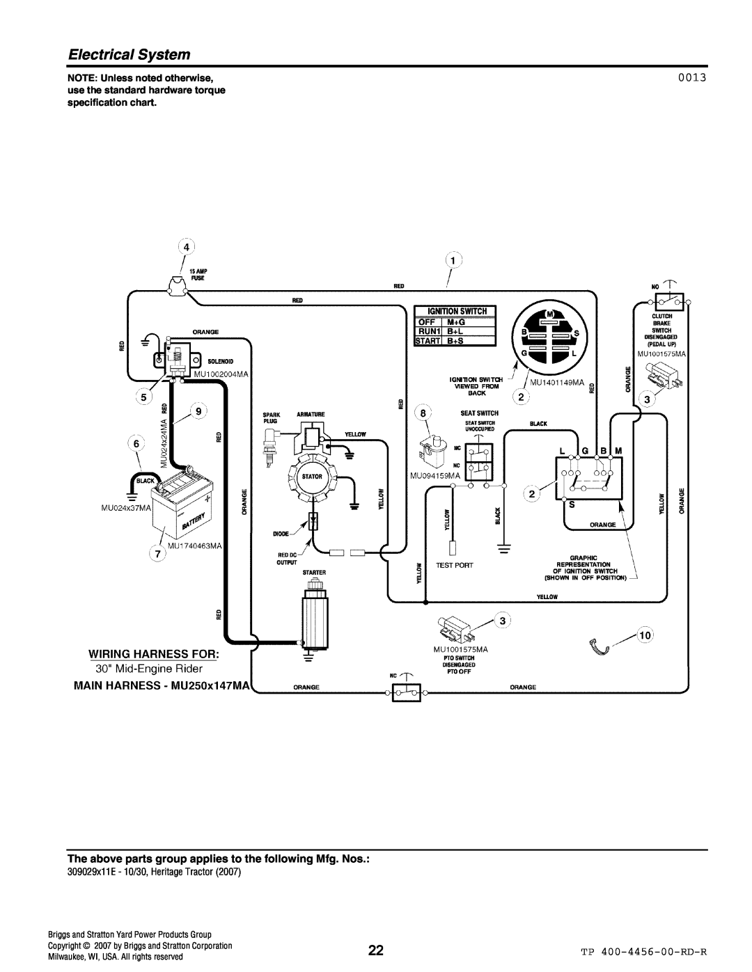 Hayter Mowers 10/30 manual Electrical System, 0013, TP 400-4456-00-RD-R, NOTE: Unless noted otherwise 