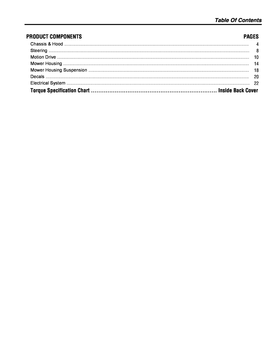 Hayter Mowers 10/30 manual Table Of Contents, Product Components, Pages, Torque Specification Chart, Inside Back Cover 