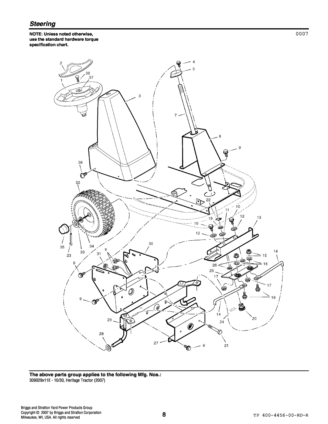 Hayter Mowers 10/30 manual Steering, 0007, TP 400-4456-00-RD-R, NOTE: Unless noted otherwise 