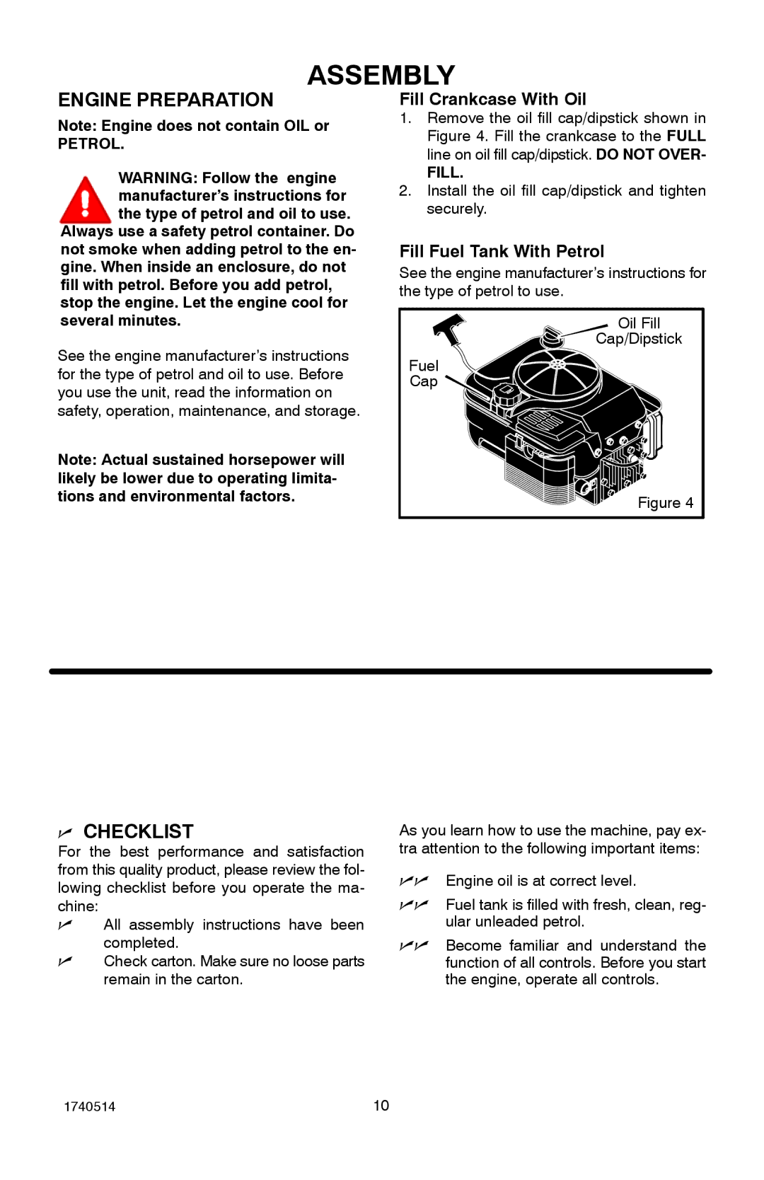 Hayter Mowers 111-1073 manual Engine Preparation, Fill Crankcase With Oil, Fill Fuel Tank With Petrol 