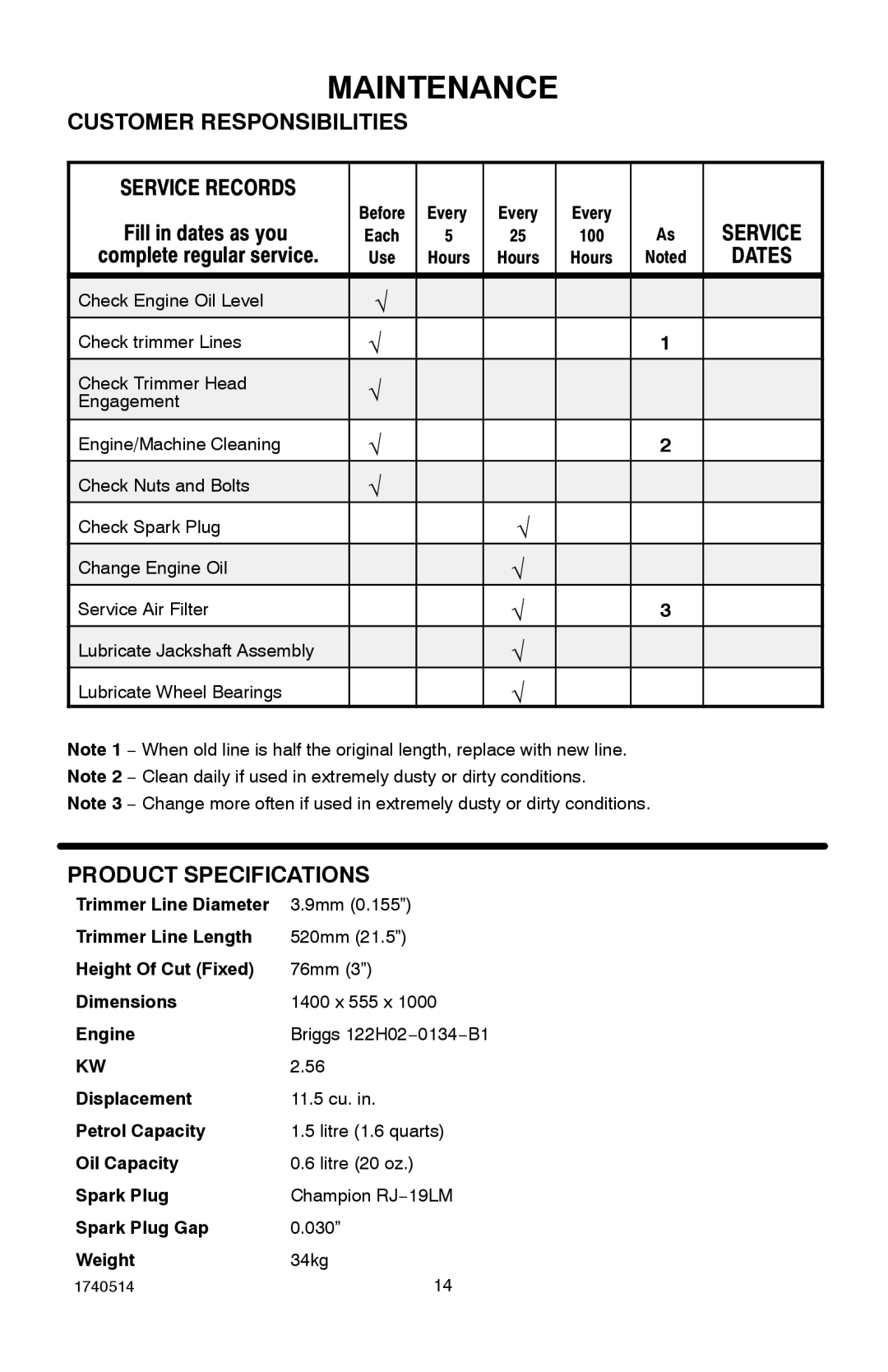 Hayter Mowers 111-1073 manual Maintenance, Customer Responsibilities, Product Specifications 