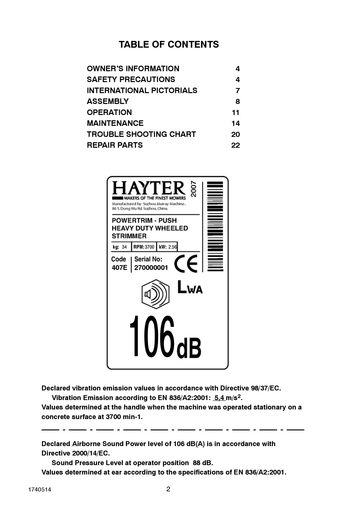 Hayter Mowers 111-1073 manual Table of Contents 