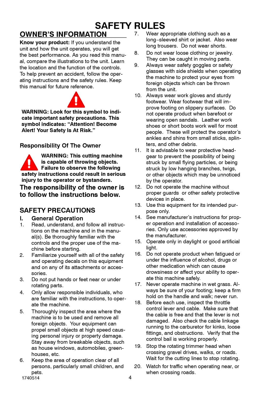 Hayter Mowers 111-1073 manual Safety Rules, Safety Precautions, Responsibility Of The Owner, General Operation 