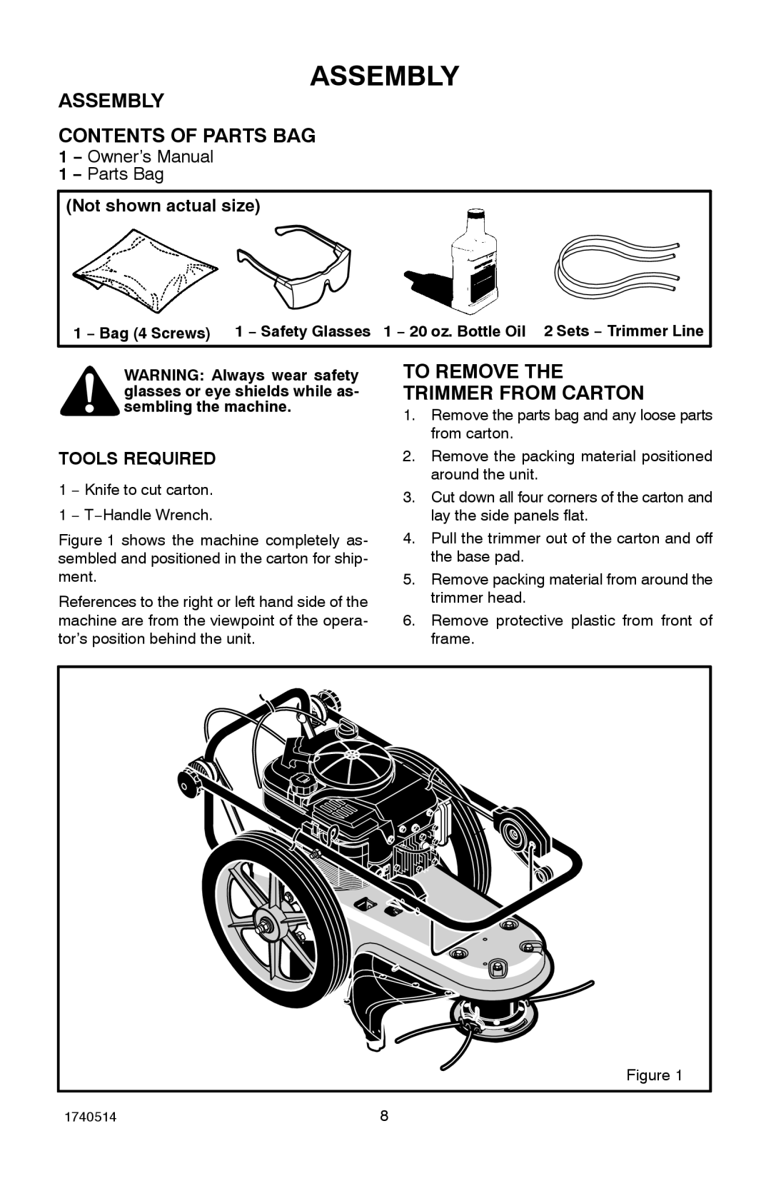 Hayter Mowers 111-1073 manual Assembly Contents of Parts BAG, To Remove the Trimmer from Carton 