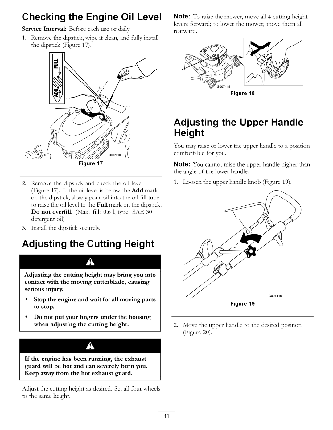 Hayter Mowers 111-2842 Rev B manual Checking the Engine Oil Level, Adjusting the Cutting Height 