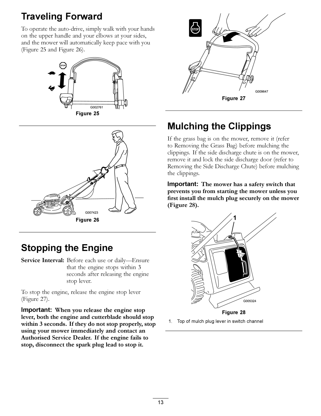 Hayter Mowers 111-2842 Rev B manual Traveling Forward, Stopping the Engine, Mulching the Clippings 