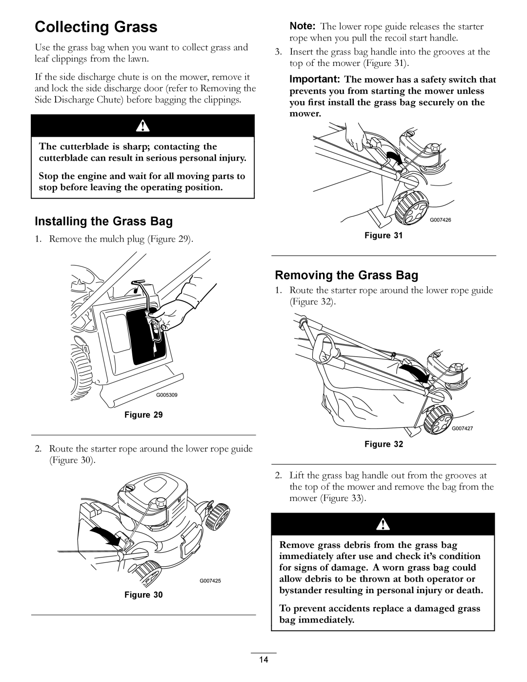 Hayter Mowers 111-2842 Rev B manual Collecting Grass, Installing the Grass Bag, Removing the Grass Bag 