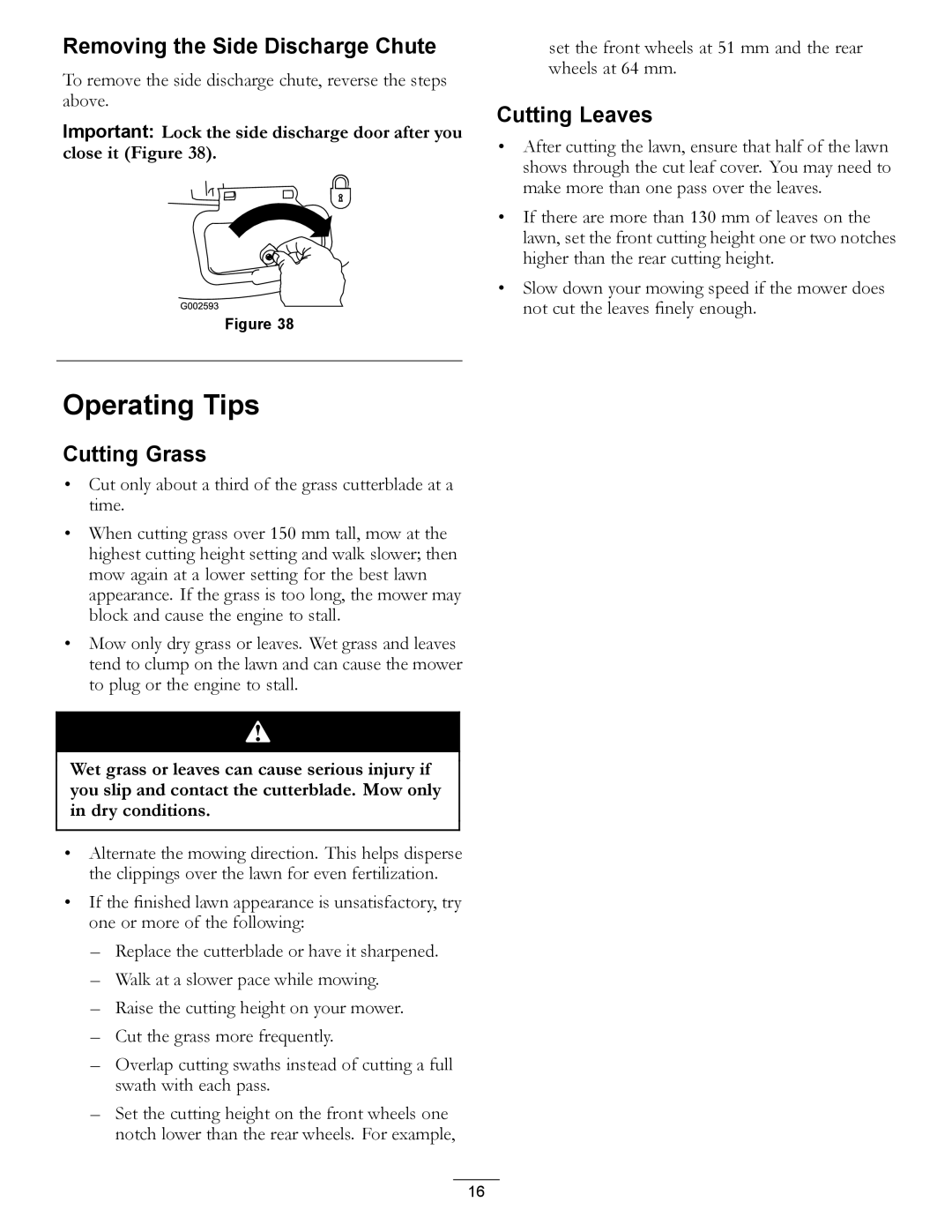 Hayter Mowers 111-2842 Rev B manual Operating Tips, Removing the Side Discharge Chute, Cutting Grass, Cutting Leaves 