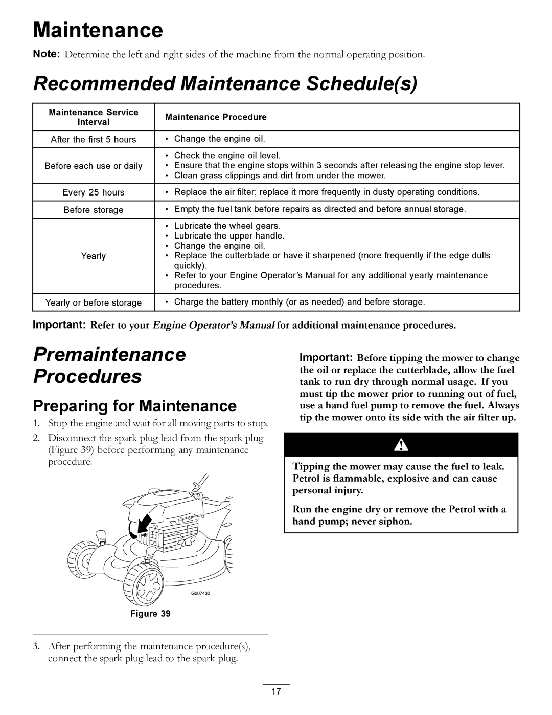 Hayter Mowers 111-2842 Rev B Recommended Maintenance Schedules, Premaintenance Procedures, Preparing for Maintenance 