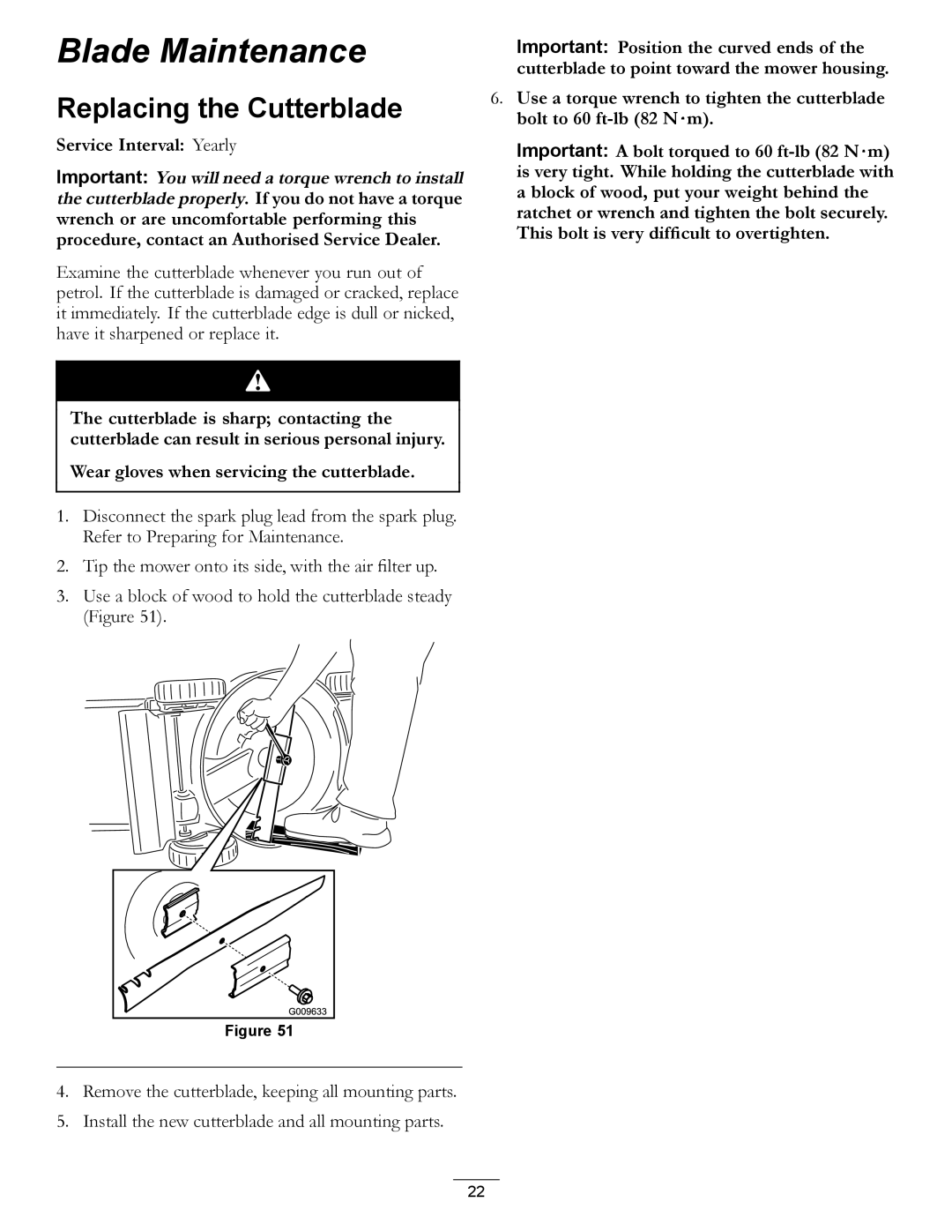 Hayter Mowers 111-2842 Rev B manual Blade Maintenance, Replacing the Cutterblade 