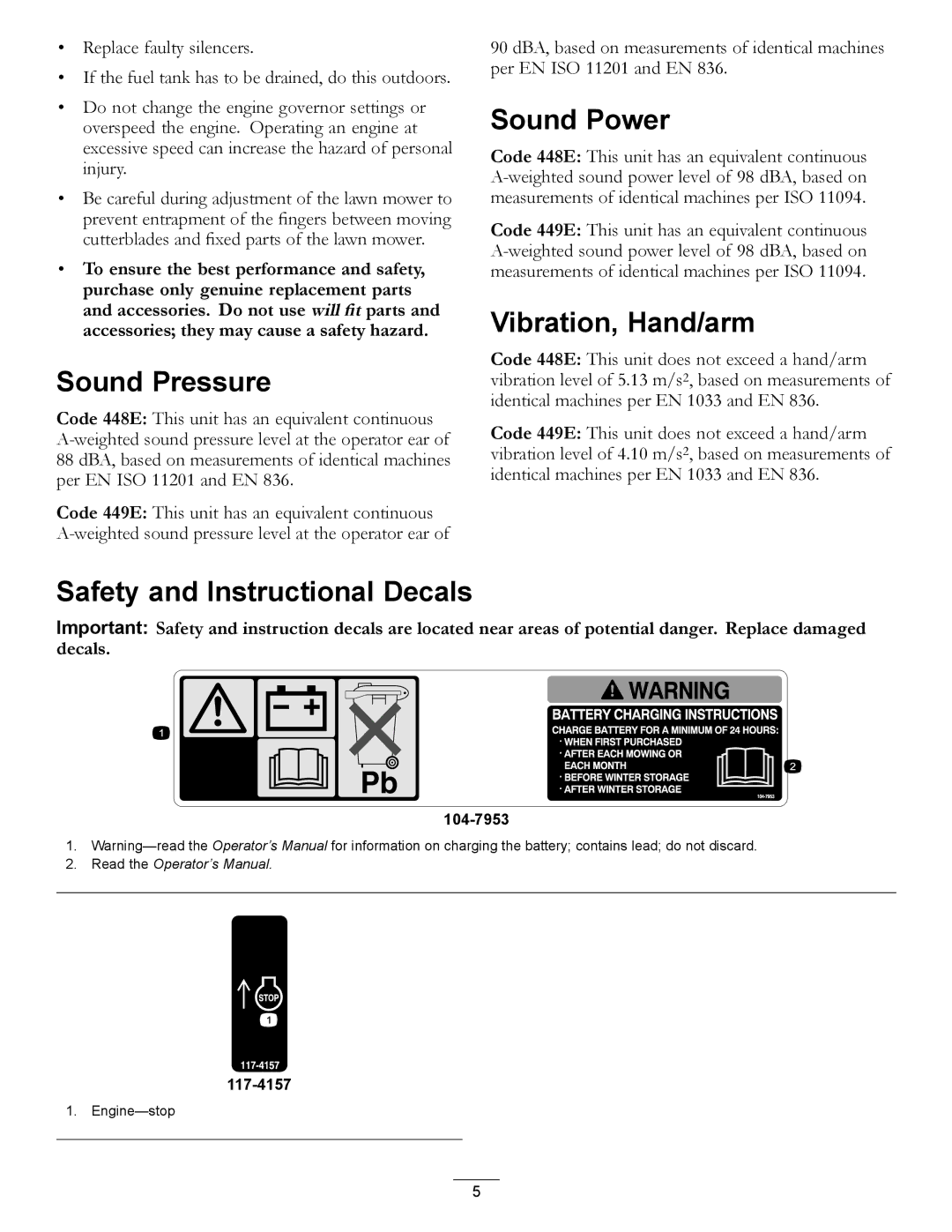 Hayter Mowers 111-2842 Rev B manual Sound Pressure, Sound Power, Vibration, Hand/arm, Safety and Instructional Decals 