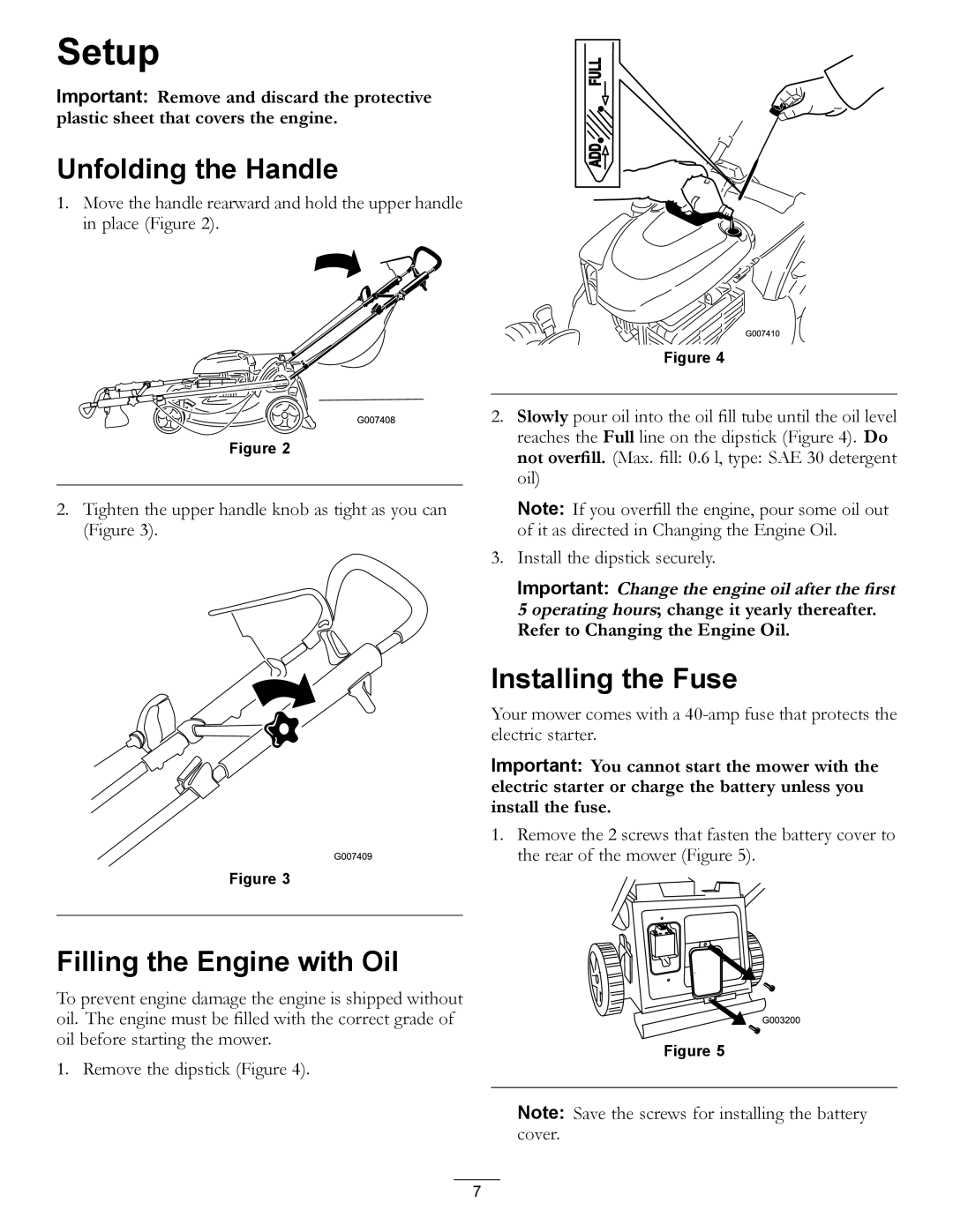 Hayter Mowers 111-2842 Rev B manual Setup, Unfolding the Handle, Installing the Fuse, Filling the Engine with Oil 