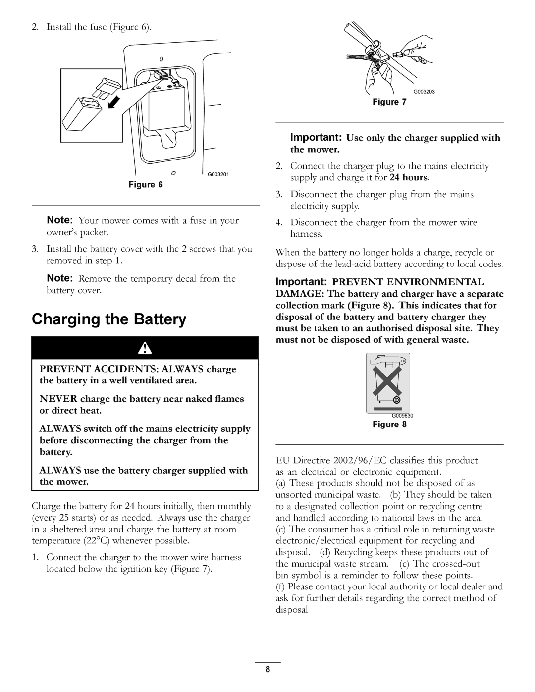 Hayter Mowers 111-2842 Rev B manual Charging the Battery, Important Use only the charger supplied with the mower 