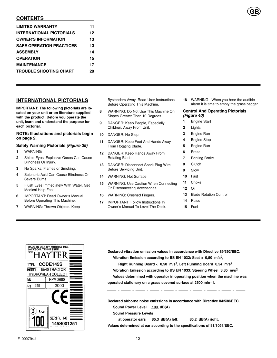 Hayter Mowers 15/40 manual Contents, International Pictorials 