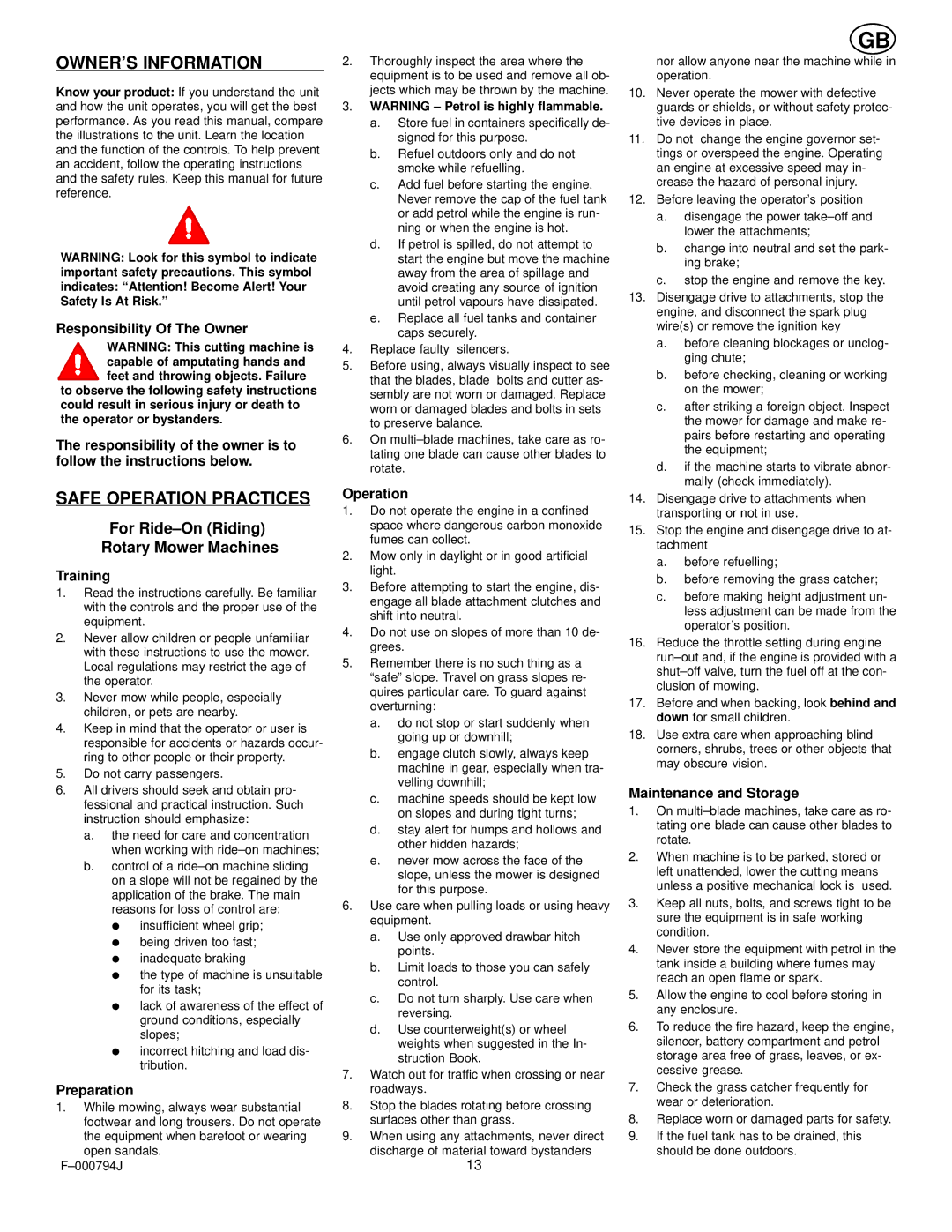 Hayter Mowers 15/40 manual Owners Information, Safe Operation Practices, For Ride±On Riding Rotary Mower Machines 