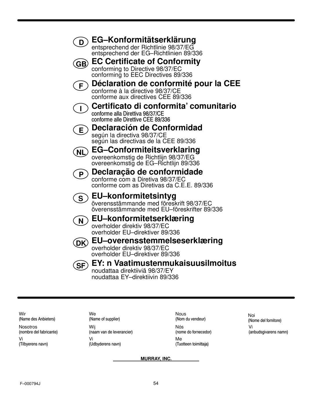 Hayter Mowers 15/40 manual EG±Konformitätserklärung 