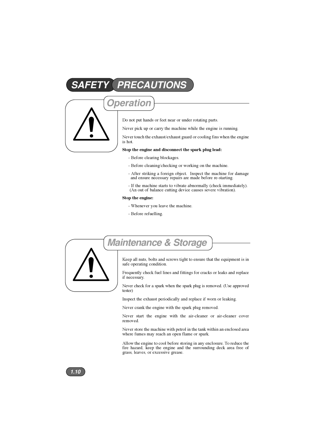 Hayter Mowers 185E XR16, 184E XR44 manual Maintenance & Storage, Stop the engine and disconnect the spark plug lead 